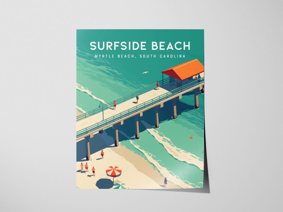 Surfside Beach Myrtle Beach Pier Ocean Vintage Travel Poster