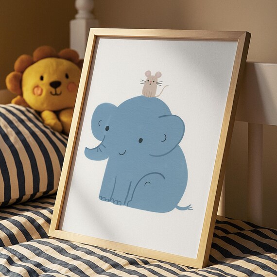 Cute Blue Elephant With Tiny Mouse On Head Sweet Kids Nursery Art Poster