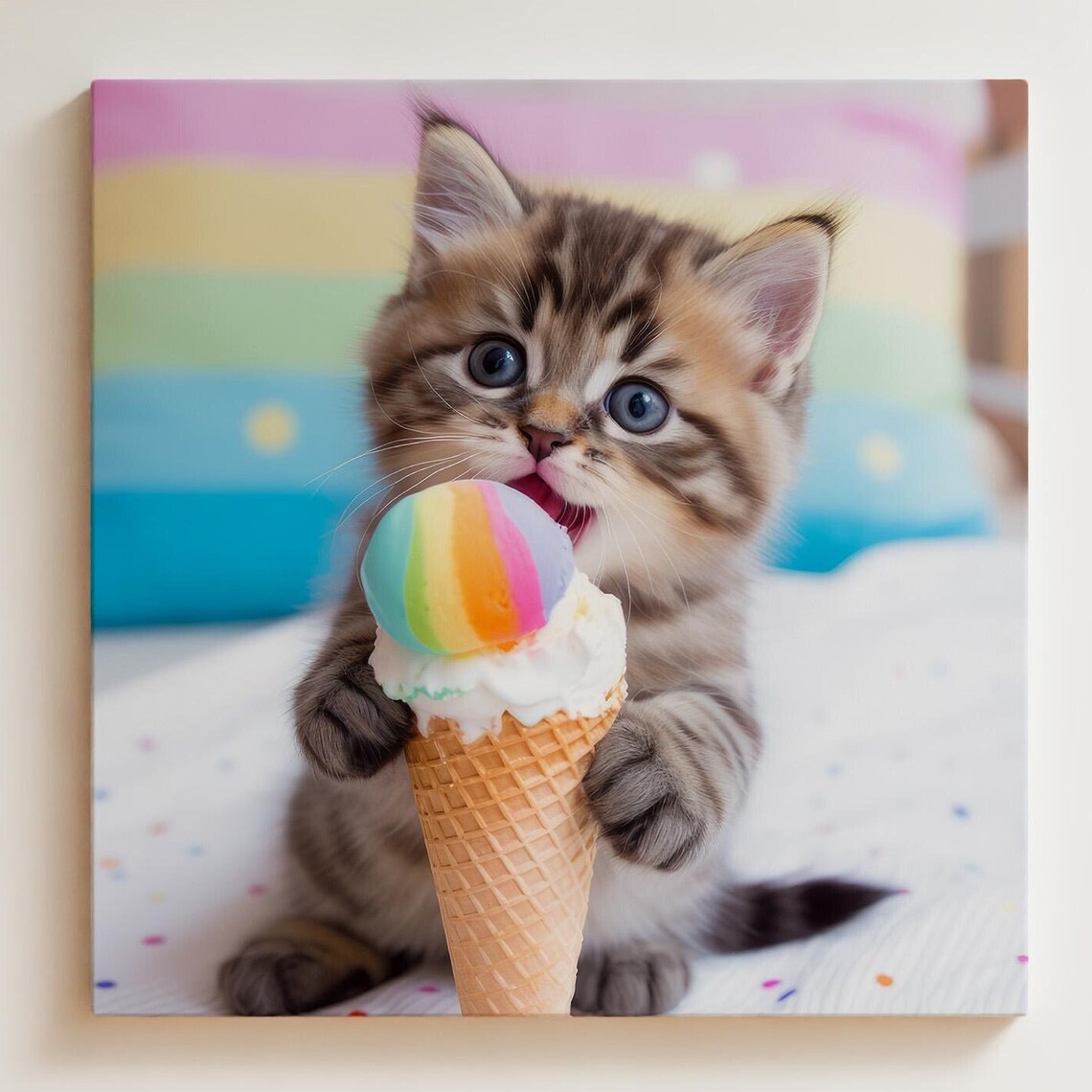 Cute Cat Funny Adorable Kitten Eating Ice Cream Cone