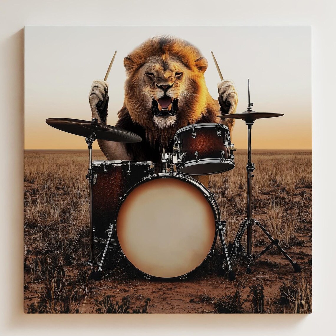 Lion Playing Drums, Abstract Music Studio Art