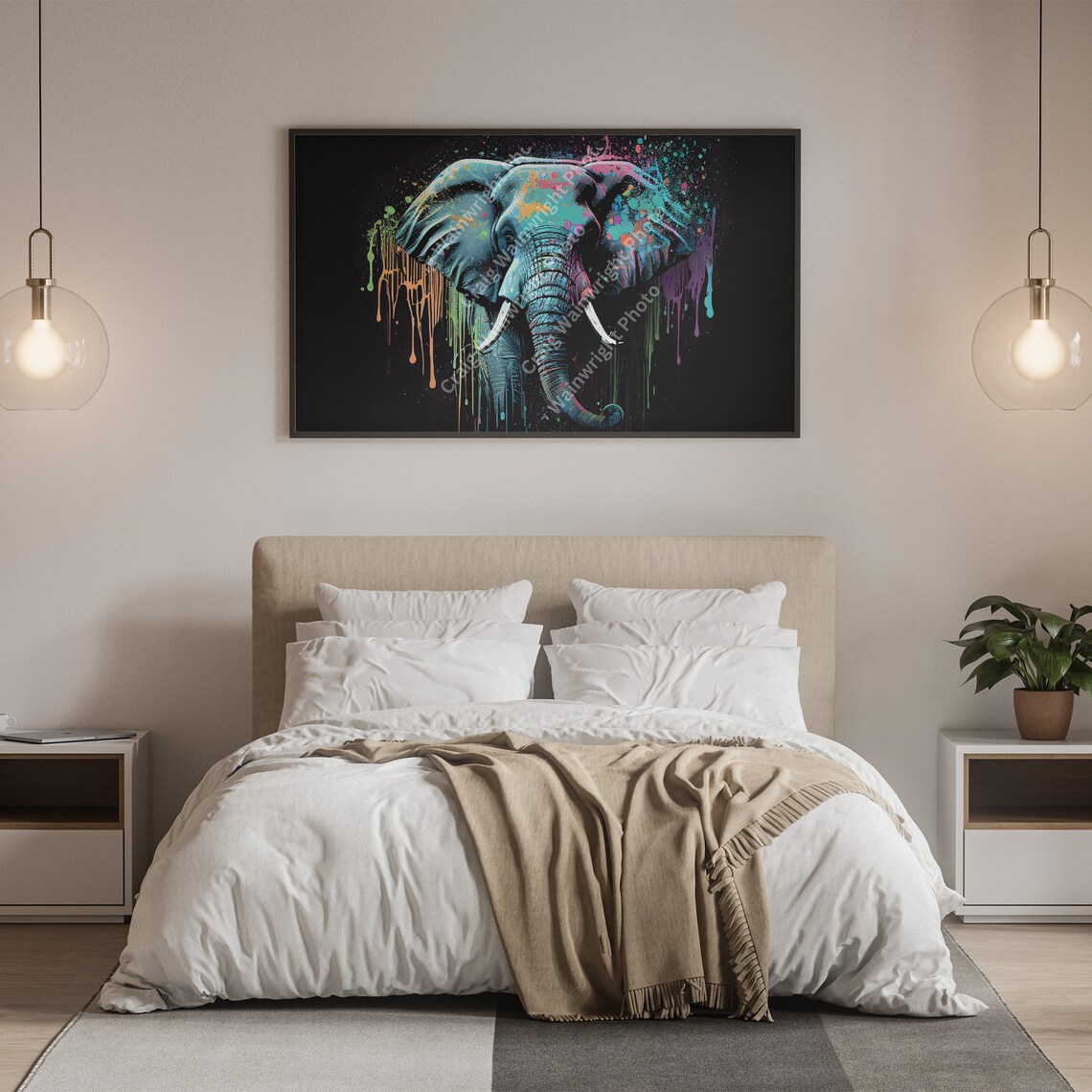 Elephant Neon Paint Splash Portrait on Black Background Poster - Image 4