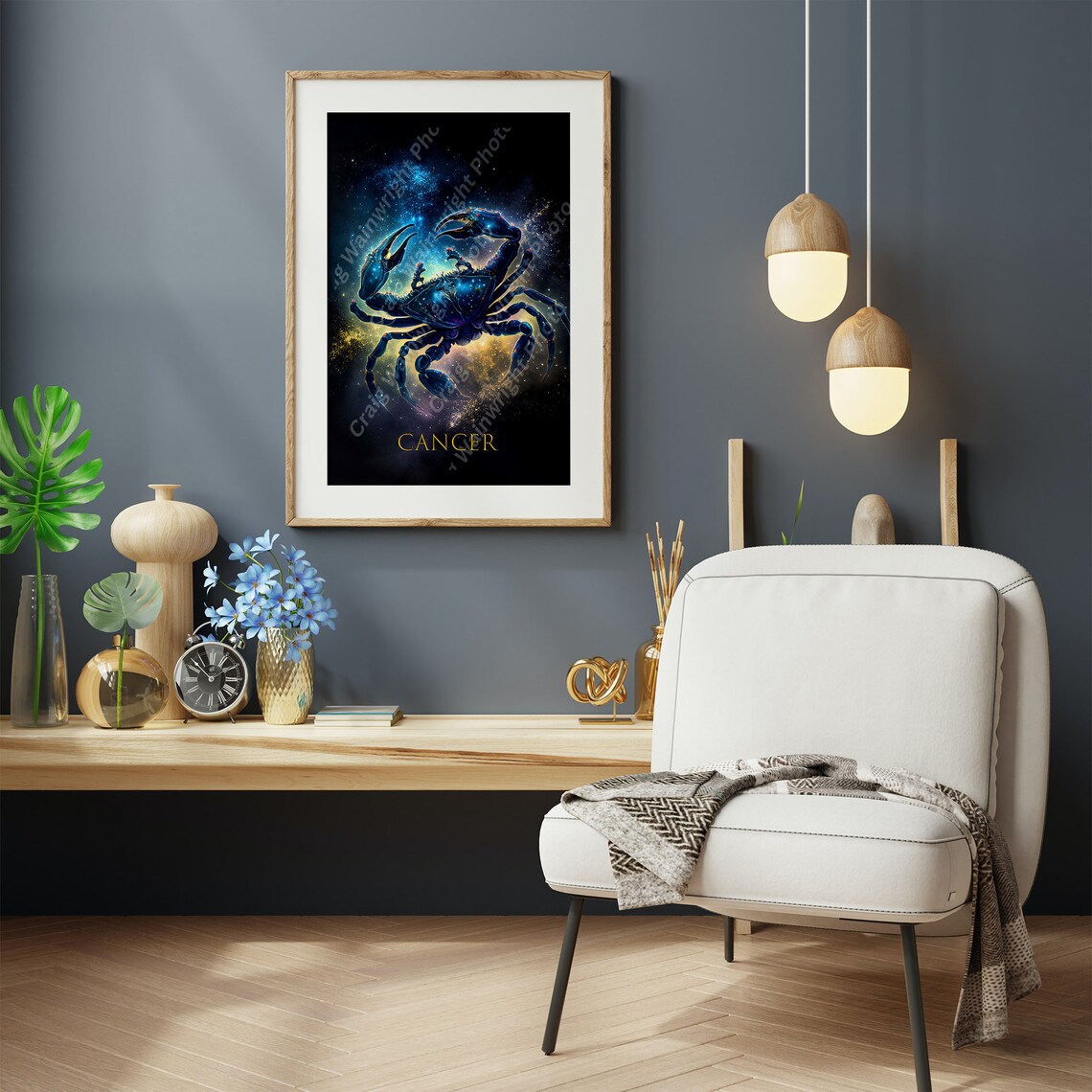 Cancer Zodiac Crab Celestial Blue Galaxy Starry Night Art Poster - Image 2
