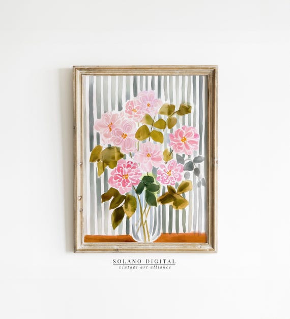 Striped Floral Art Modern Botanical Prints Pink Flower Watercolor Botanicals Grandmillennial Home Decor
