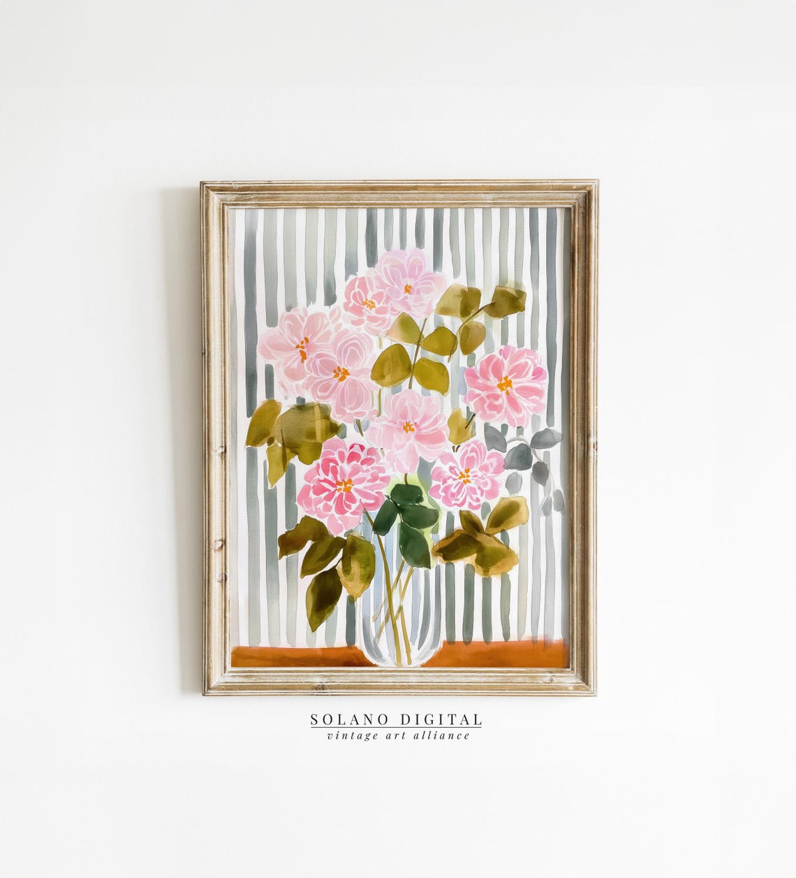 Striped Floral Art Modern Botanical Prints Pink Flower Watercolor Botanicals Grandmillennial Home Decor
