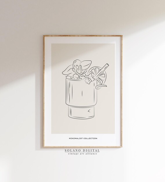 Minimalist Citrus Mint Cocktail Line Art Modern Bar Decor Poster