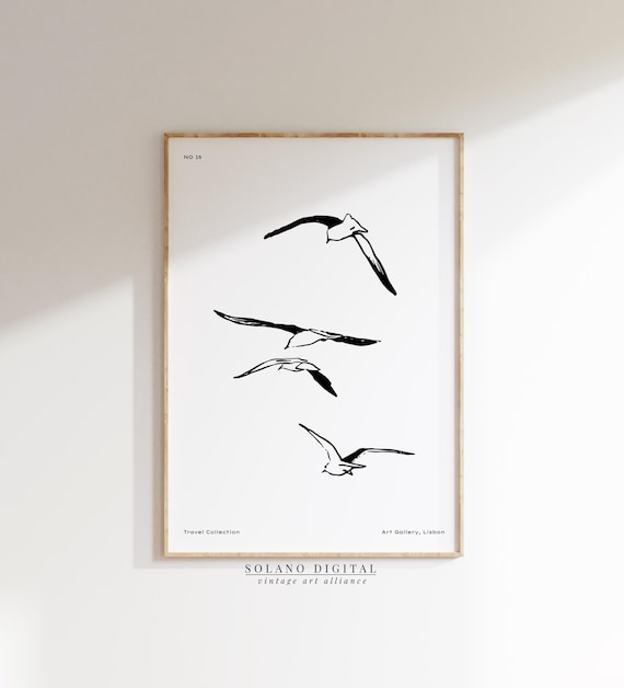 Seagull Line Art Minimalist Bird Illustration Modern Coastal Wall Decor Black White For Home Or Office