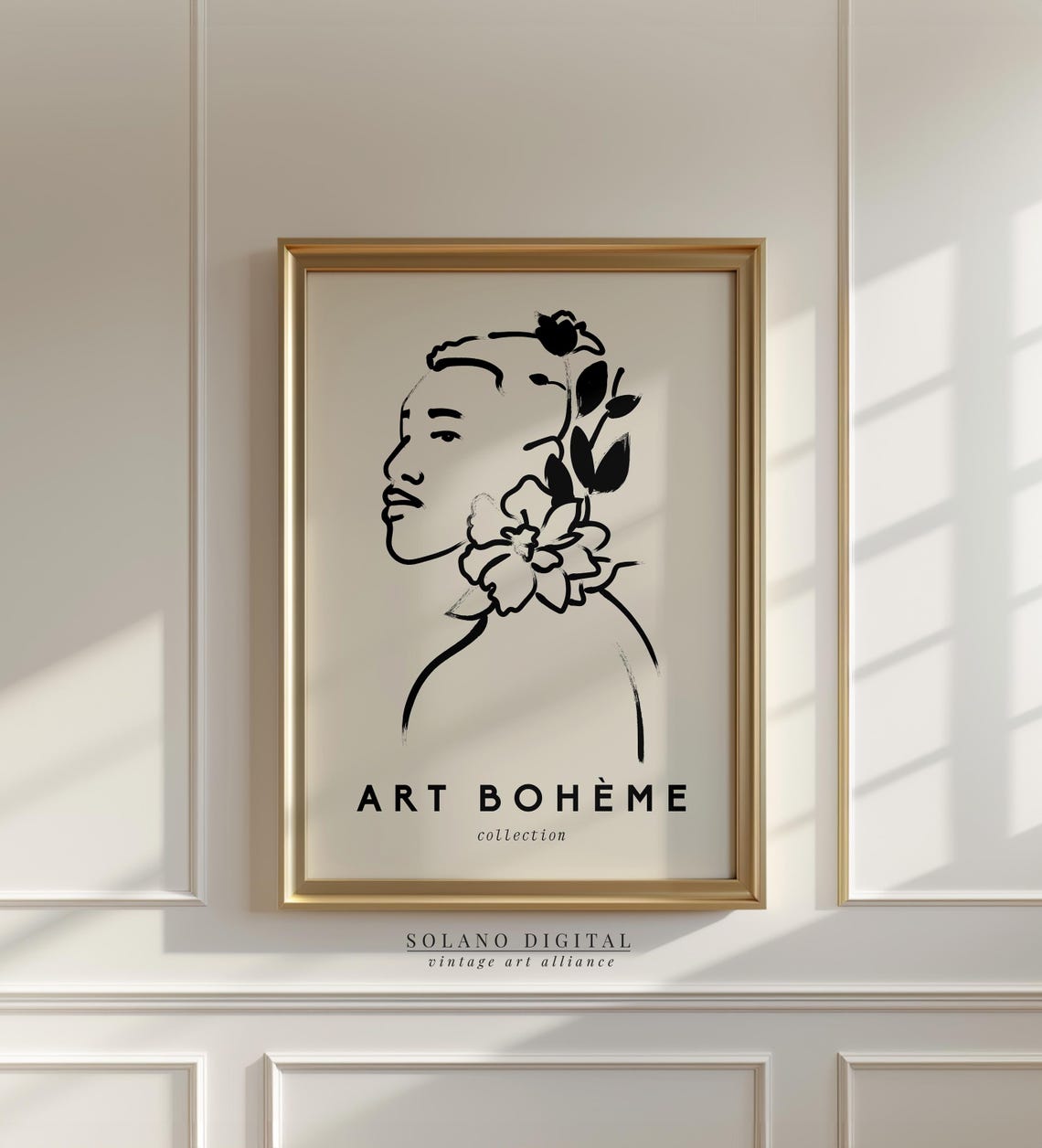 Art Boheme Blooming Floral Portrait Woman Line Art Ink Poster