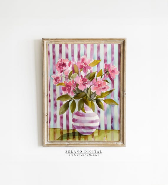 Striped Floral Art Modern Botanical Prints Pink Flower Watercolor Botanicals Grandmillennial Home Deco Decor