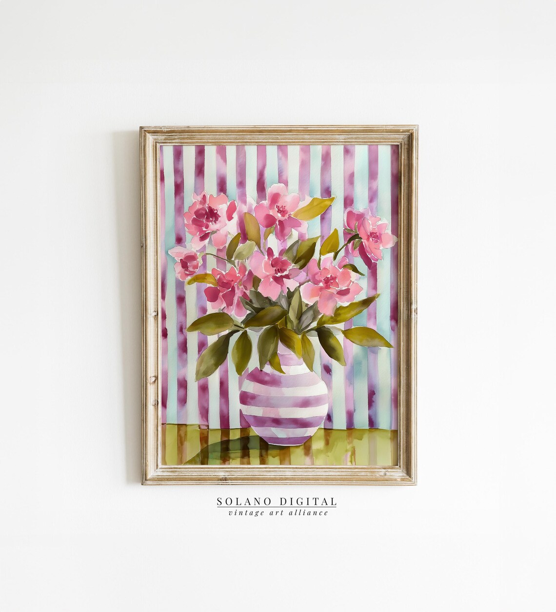 Pink Flowers Striped Vase Purple Background Floral Watercolor Poster