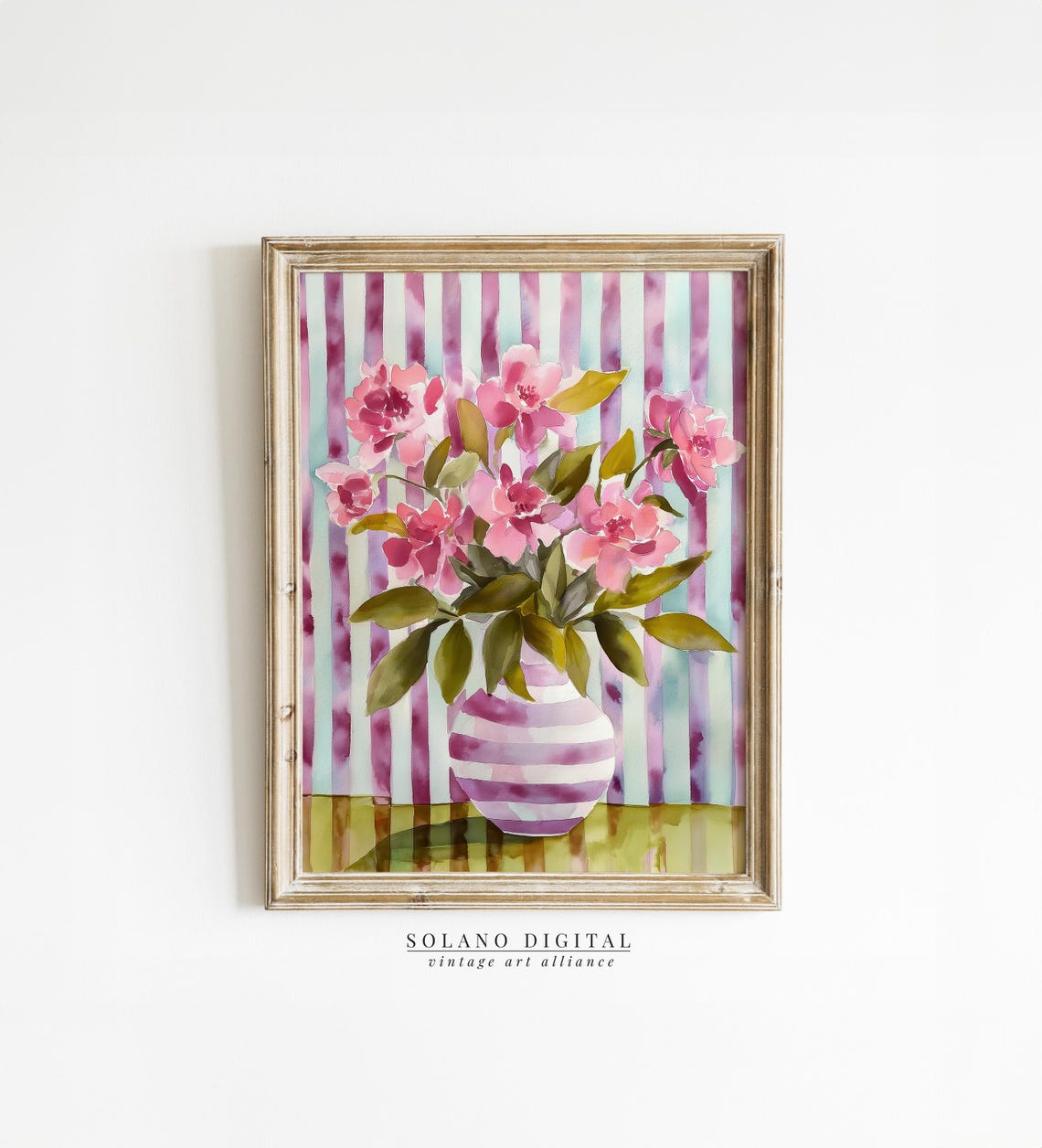 Striped Floral Art Modern Botanical Prints Pink Flower Watercolor Botanicals Grandmillennial Home Deco Decor