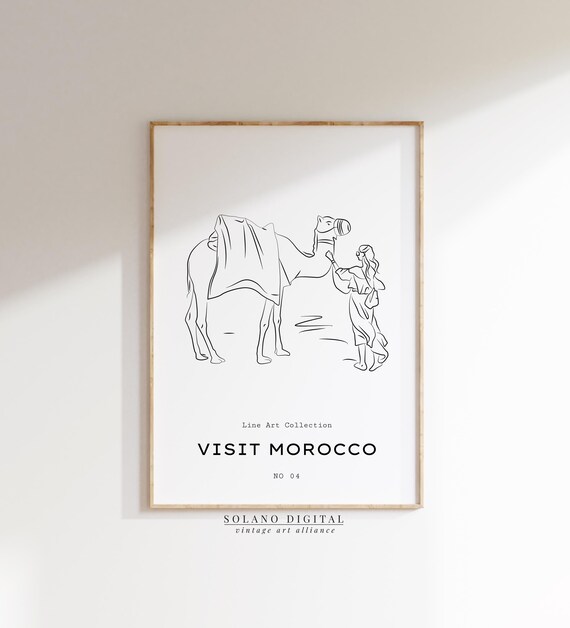 Visit Morocco Camel Line Art Minimalist Desert Travel Poster