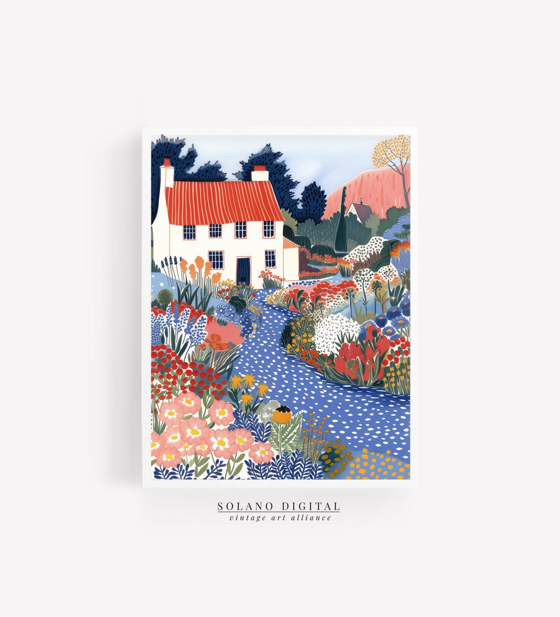Springtime Cottage Garden Poster White House Red Roof Flower Path Art
