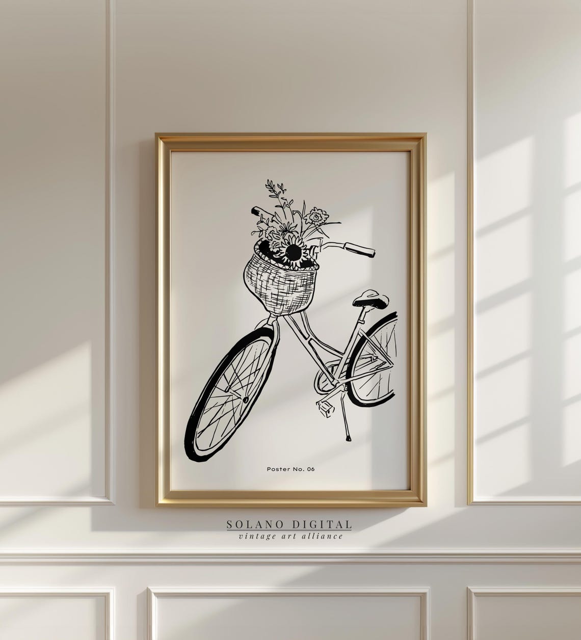 Vintage Bicycle Flower Basket Black White Line Drawing Art Poster
