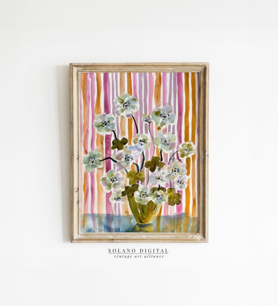 Striped Floral Art Modern Botanical Prints Pastel Flower Watercolor Botanicals Grandmillennial Home Decor