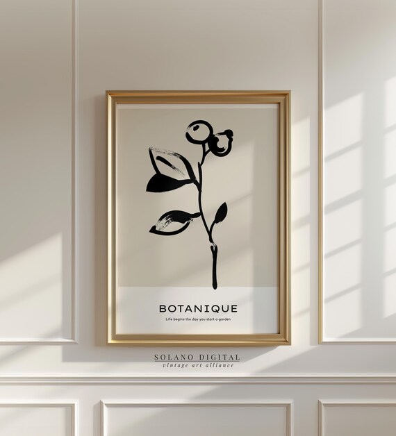Minimalist Botanical Plant Print Modern Black And White Leaf Berry Illustration Nature Inspired