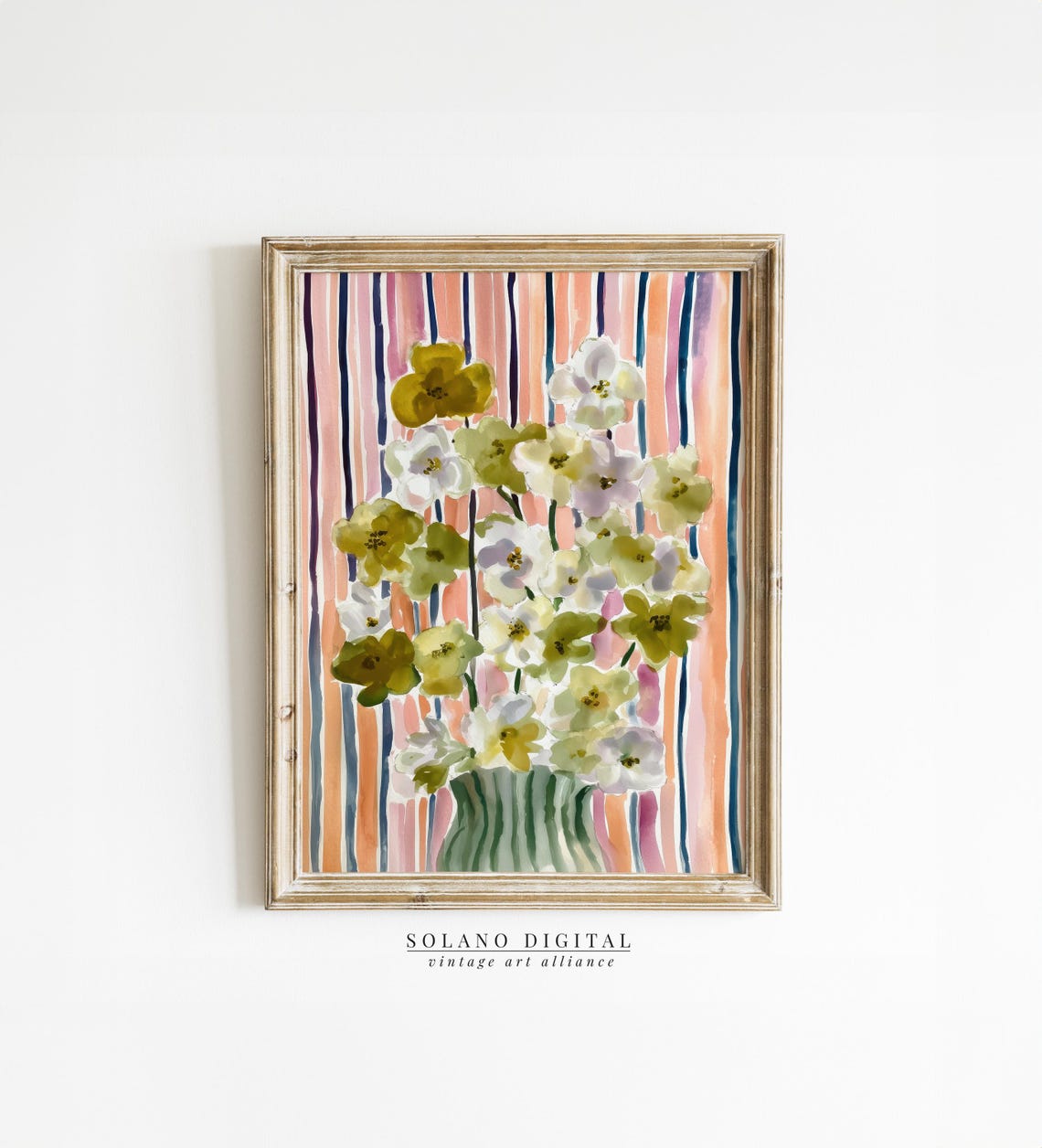 Striped Floral Art Modern Botanical Prints Pastel Flower Watercolor Botanicals Grandmillennial Home Decor