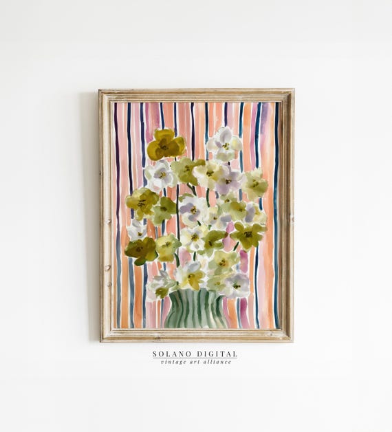 Striped Floral Art Modern Botanical Prints Pastel Flower Watercolor Botanicals Grandmillennial Home Decor