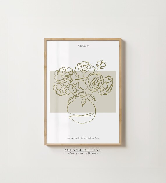 Peony Line Art Print Neutral Floral Wall Beige Flower Illustration Minimalist Botanical Poster For Modern Decor
