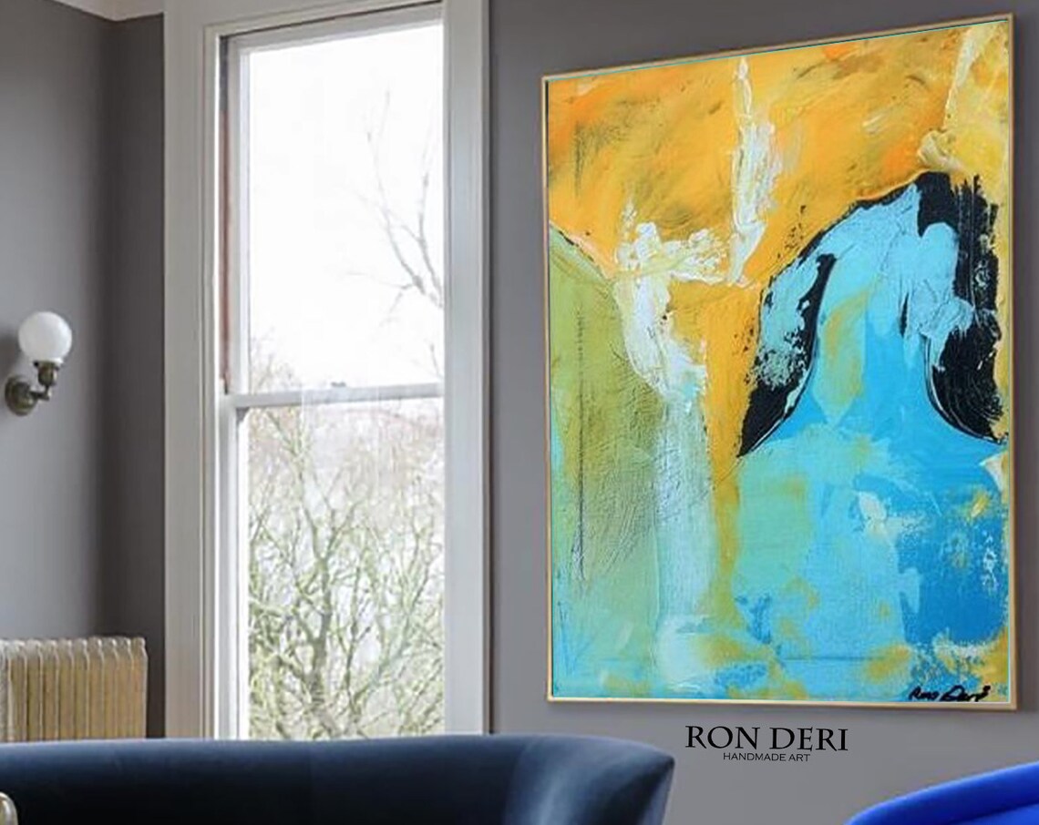 Abstract Yellow and Blue Oil Painting, Wall Art Print - Image 3