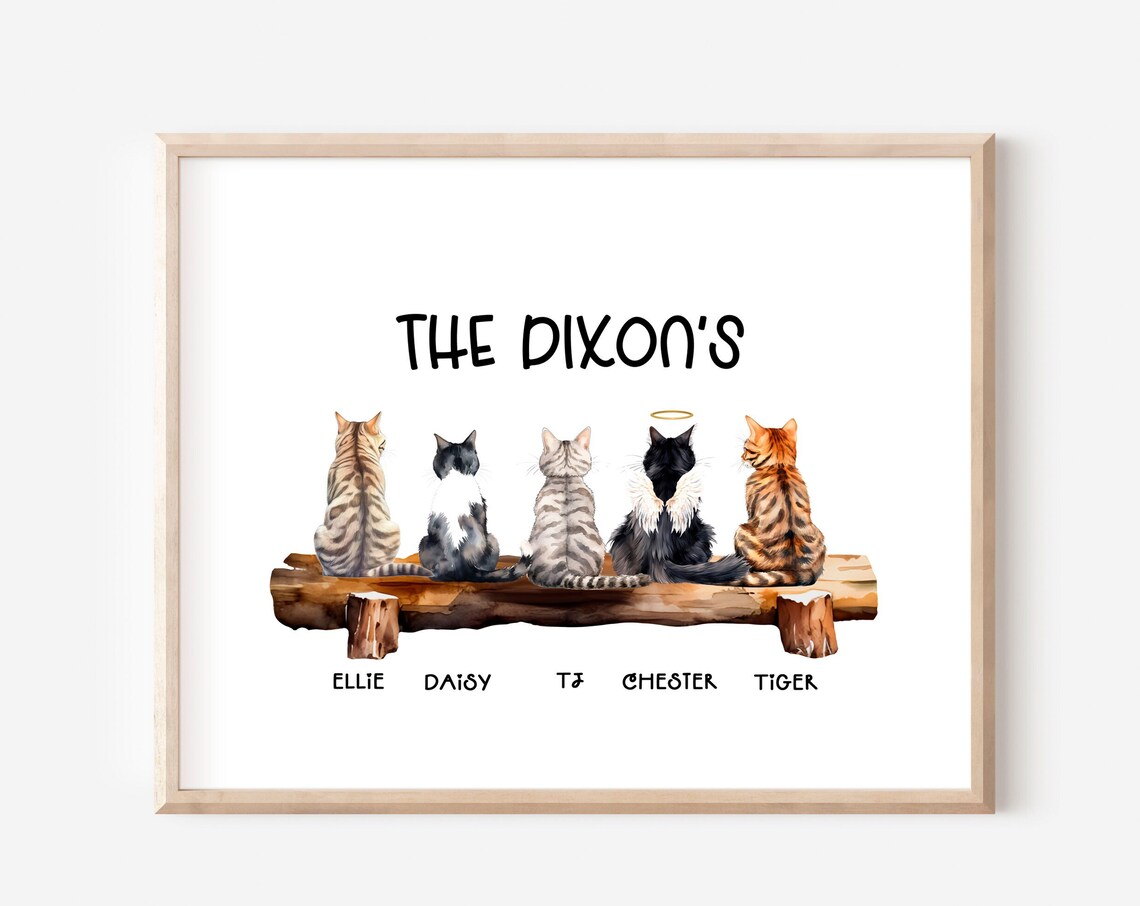 Personalized Five Cats on Bench Family Portrait Custom Poster