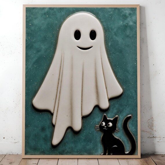 And Black Cat Halloween Print Teal 3d Effect