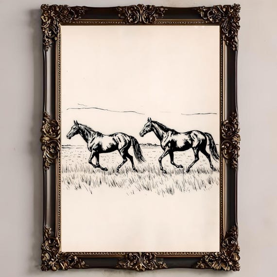 Wild Horses Sketch Print Vintage Western Ink Drawing Rustic Horse Art Poster Prairie Animal Wall Decor Minimalist Country