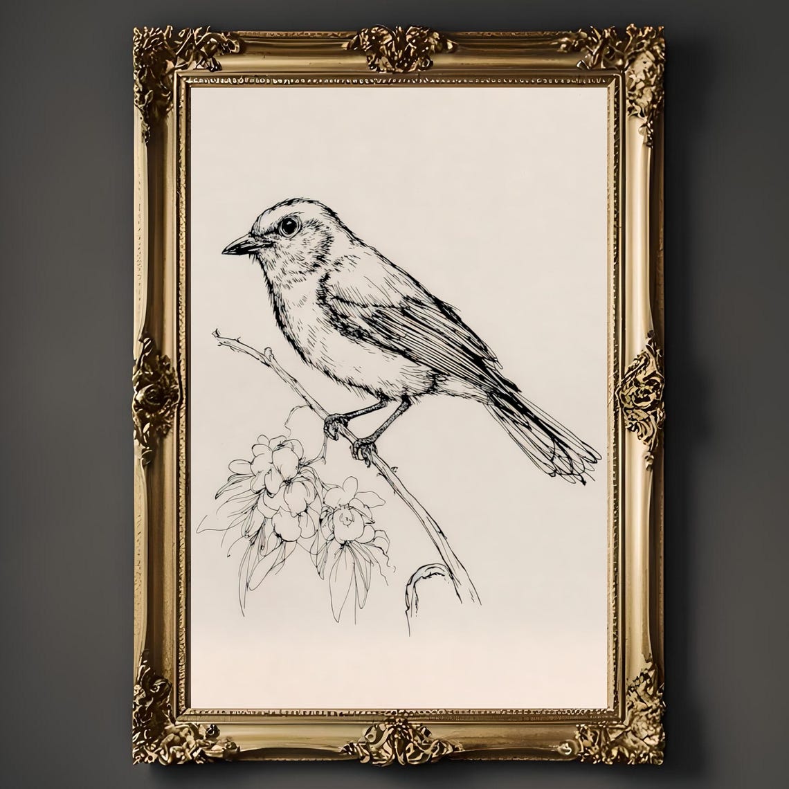 Vintage Bird Line Sketch Perched Branch Ornate Gold Frame Print