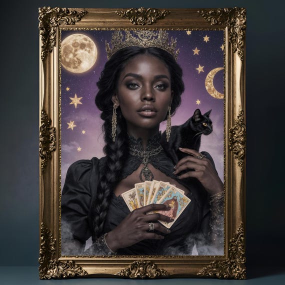 Gothic Black Witch Wall Art Mystical Woman With Cat And Tarot Cards Dark Magical Home Decor