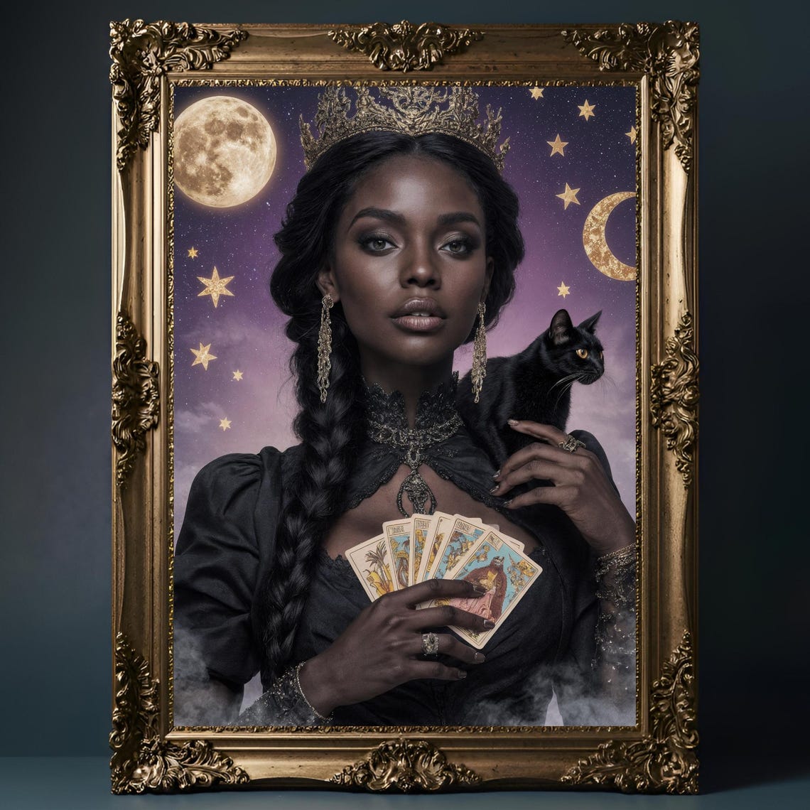 Gothic Black Witch Wall Art Mystical Woman With Cat And Tarot Cards Dark Magical Home Decor