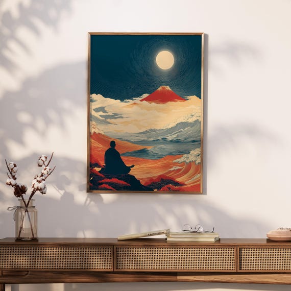 Zen Meditation Wall Art Japanese Mount Fuji Print Ukiyoe Style Spiritual Poster Calming Japan Decor