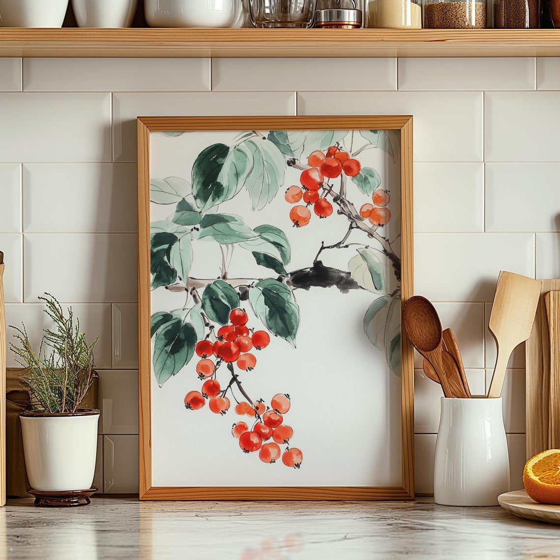 Red Berries Branch Japanese Watercolor Botanical Kitchen Art Poster