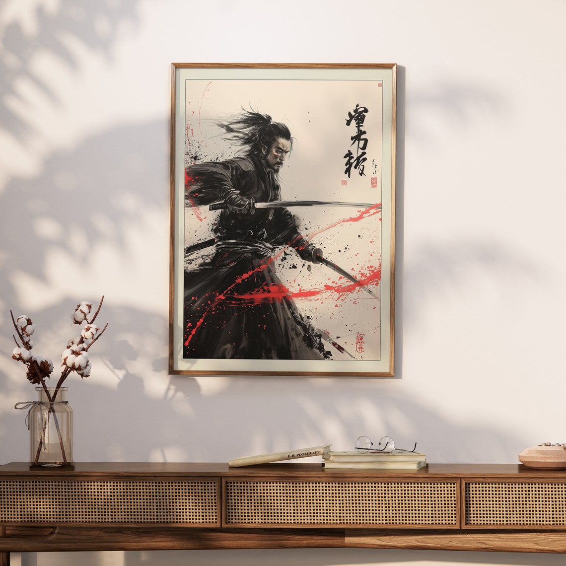 Japanese Samurai Warrior Katana Sumi-e Ink Red Splash Poster - Image 2