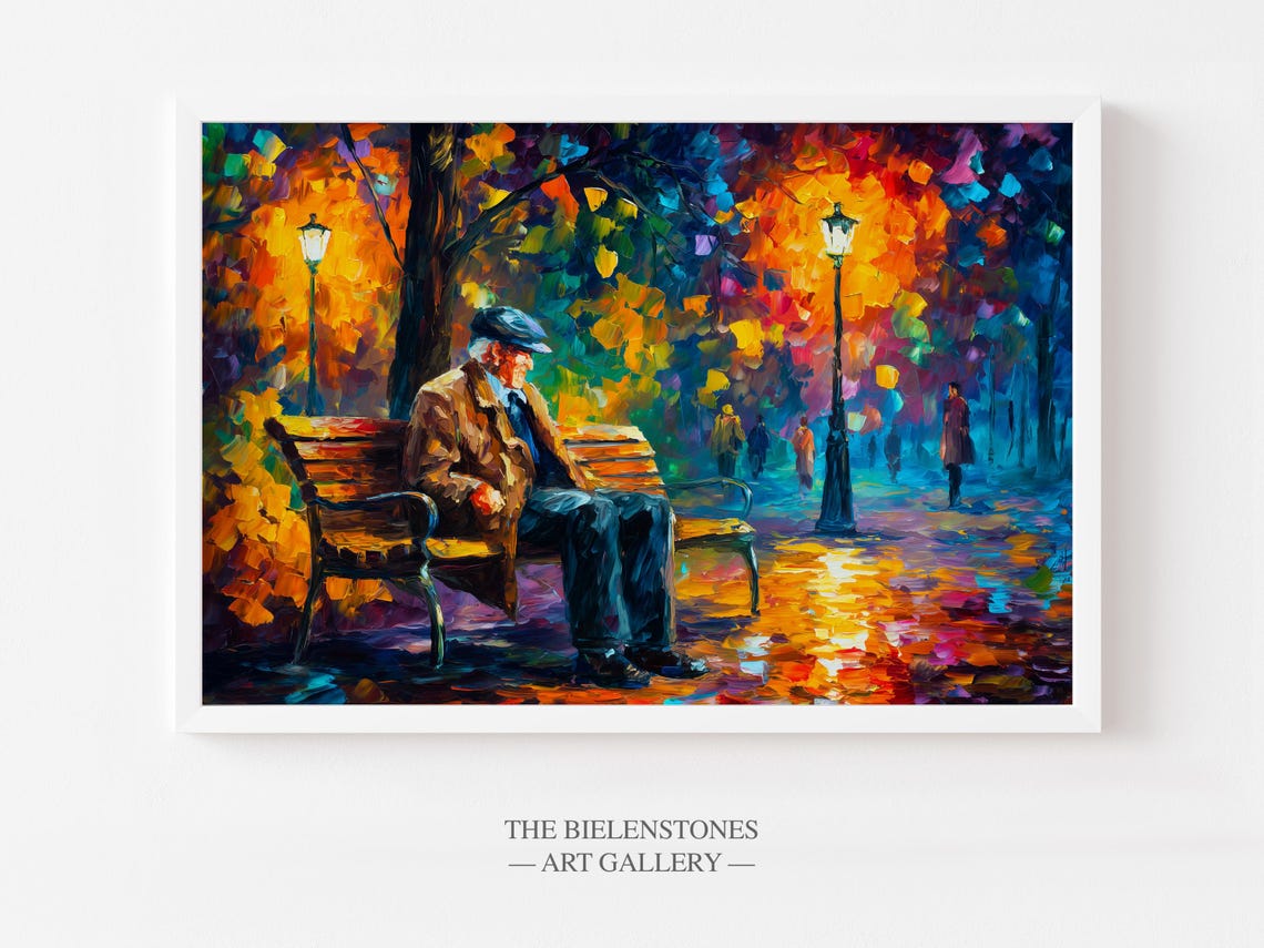 Elderly Man Painting Colorful Autumn City Scene Wall Art Print