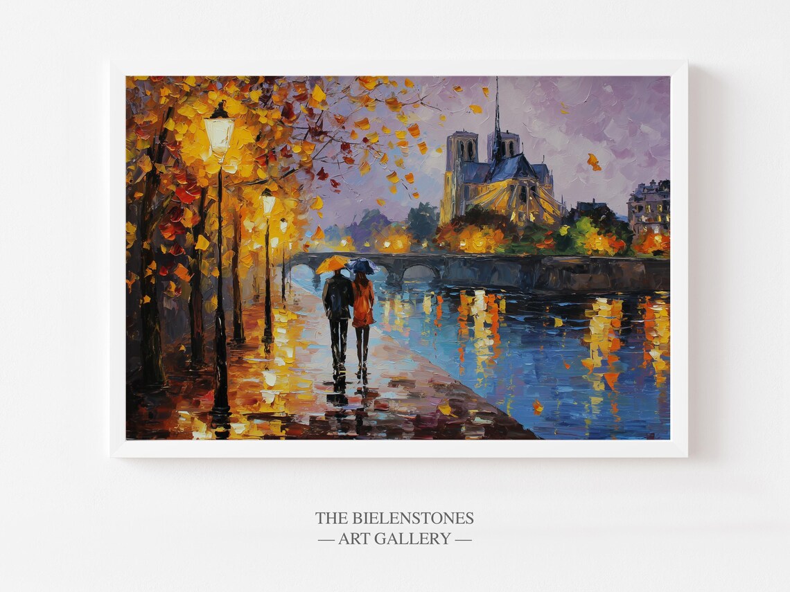 Paris Sunset Couple Seine River Notre Dame Autumn Romantic Art Poster