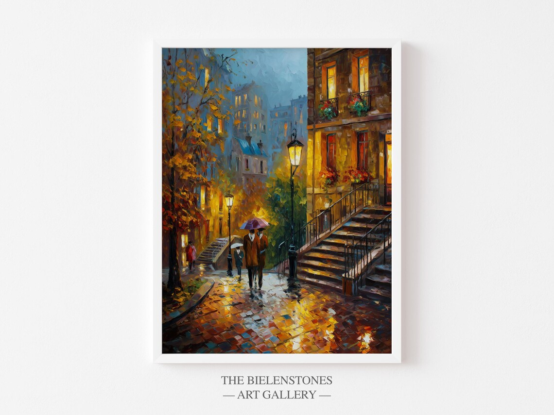 Romantic Paris Evening Montmartre Street Rain Umbrella Art Poster