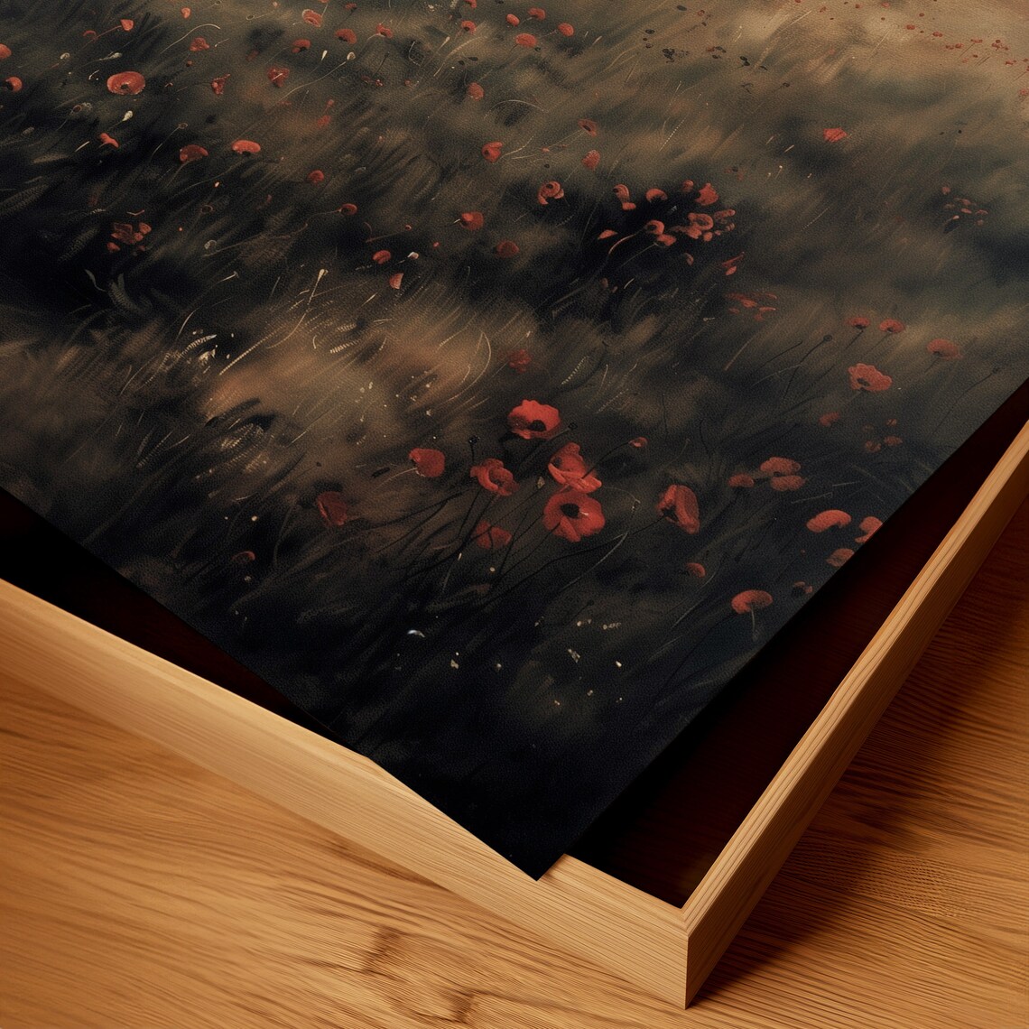 Misty Coastal Meadow, Moody Vintage Poppy Landscape - Image 3