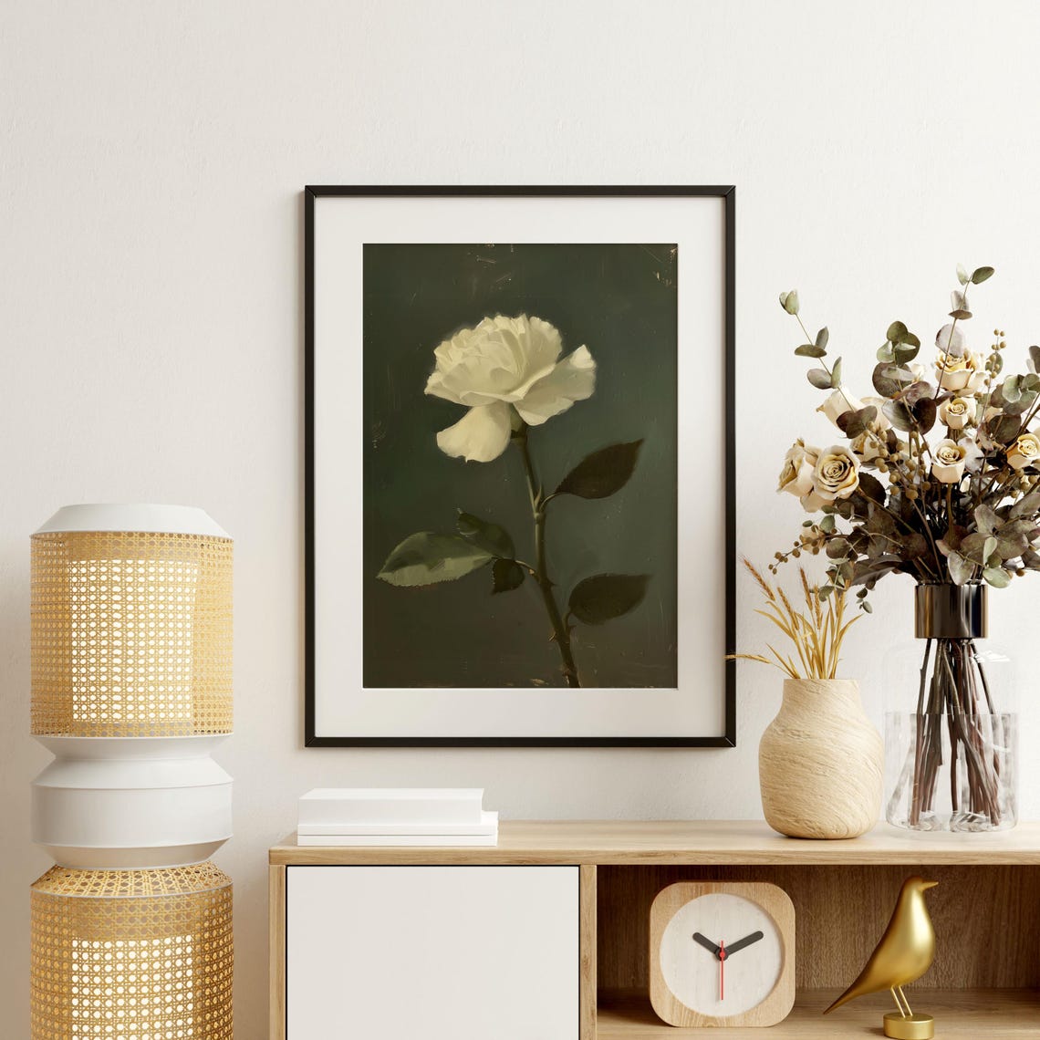 Single White Rose Moody Dark Botanical Vintage Oil Painting Poster - Image 2
