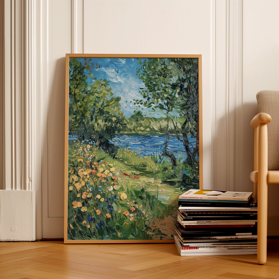 Wildflower Meadow By The Lake With Trees Impressionist Nature Wall Art - Image 2
