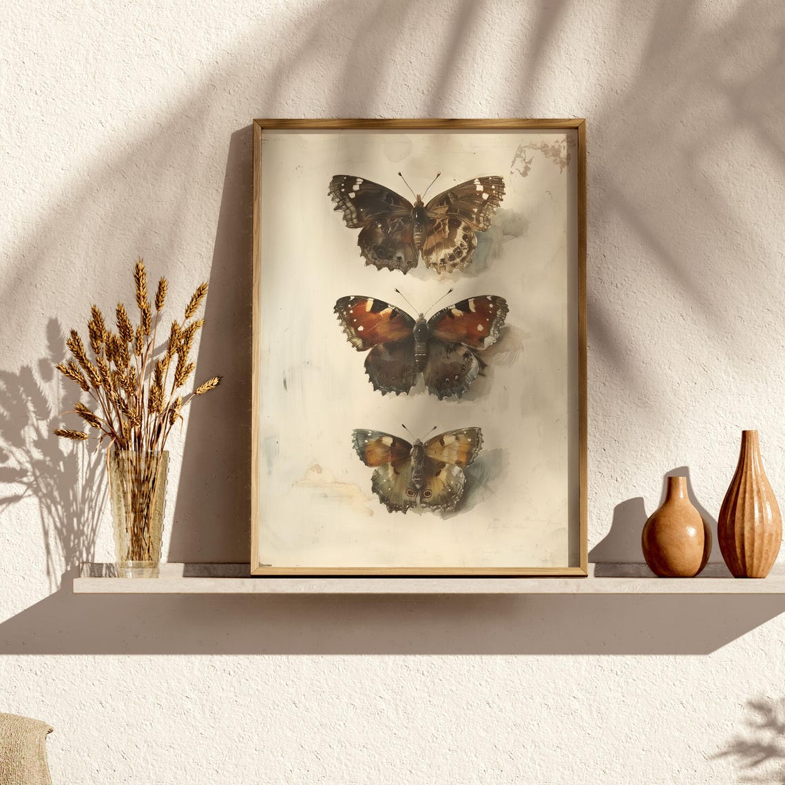 Vintage Butterfly Trio Study Neutral Cream Insect Botanical Wall Art - Image 3