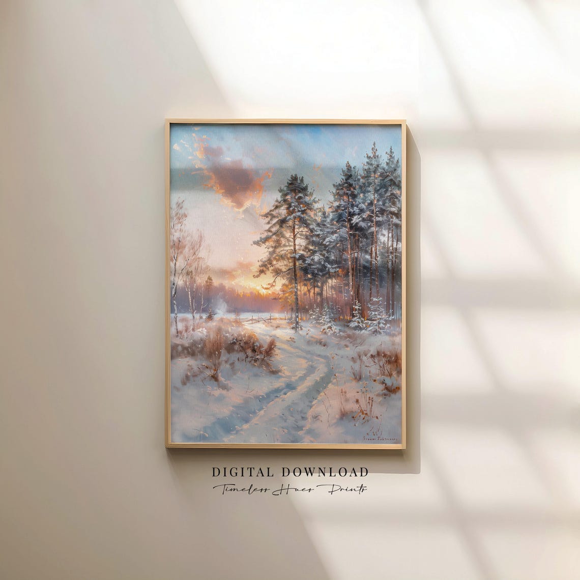 Snowy Forest Sunset Winter Landscape Vintage Oil Painting Wall Print