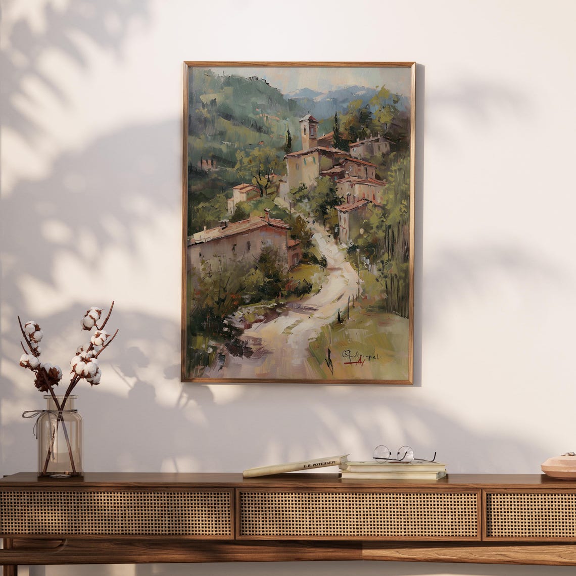 Italian Hillside Village With Stone Houses Vintage Oil Painting Poster - Image 3