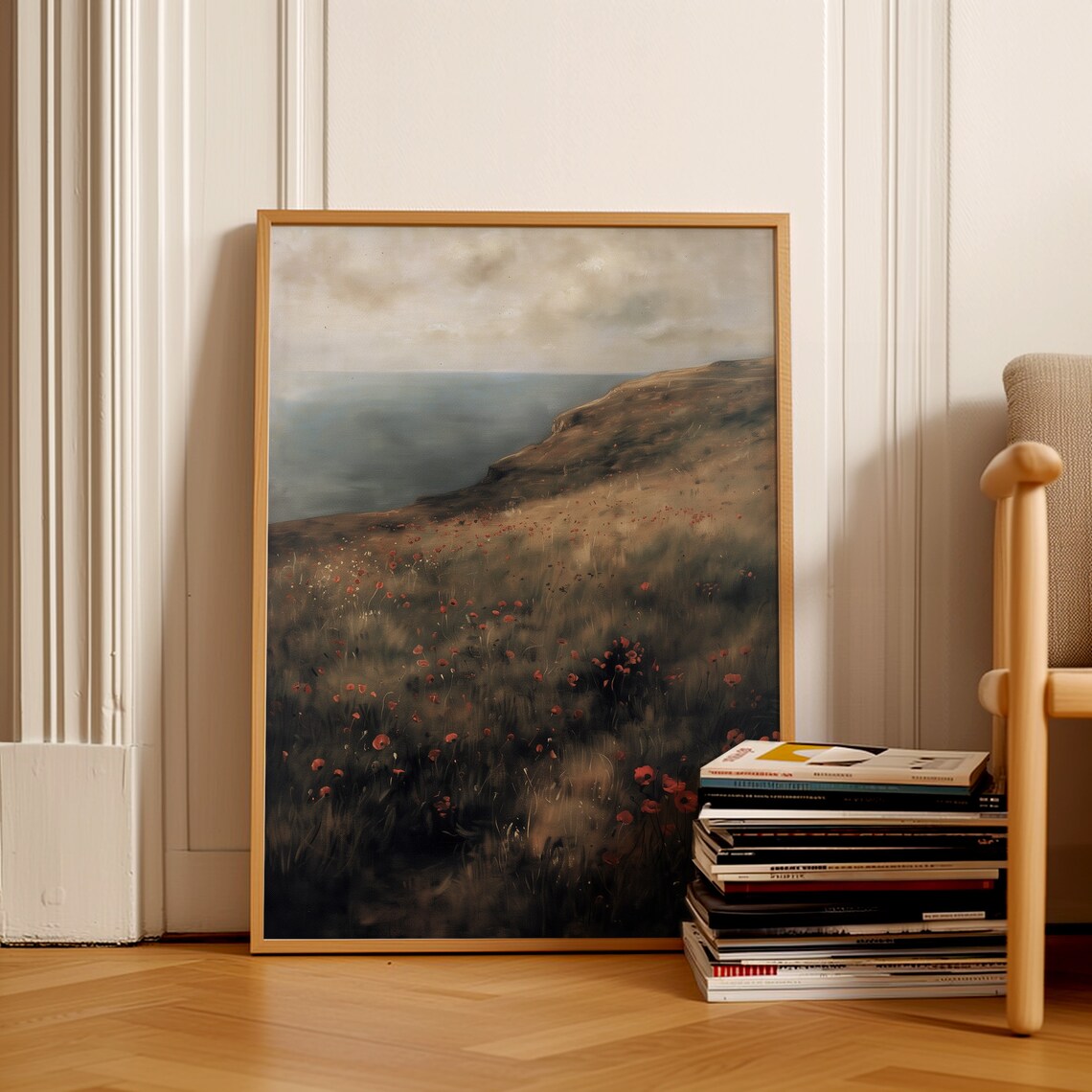 Misty Coastal Meadow, Moody Vintage Poppy Landscape - Image 2