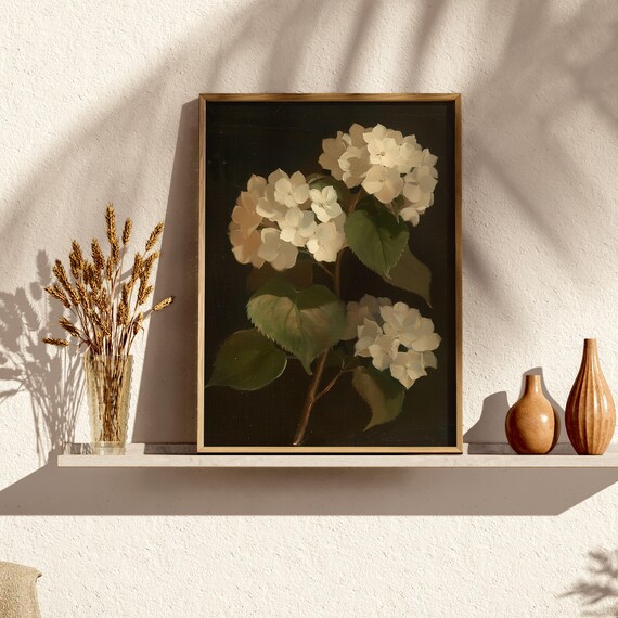 Vintage Hydrangea Floral Oil Painting Moody Floral Painting Botanical Artwork Dark Academia Floral Art Art