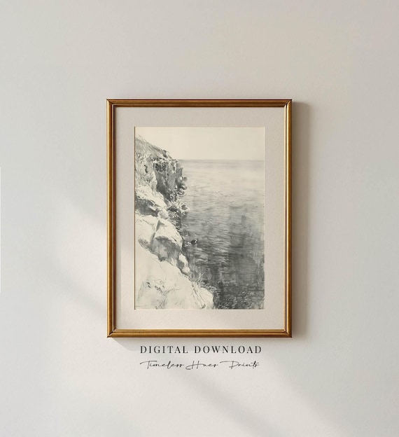 Vintage Coastal Cliff Charcoal Drawing Ocean Sketch Art Poster