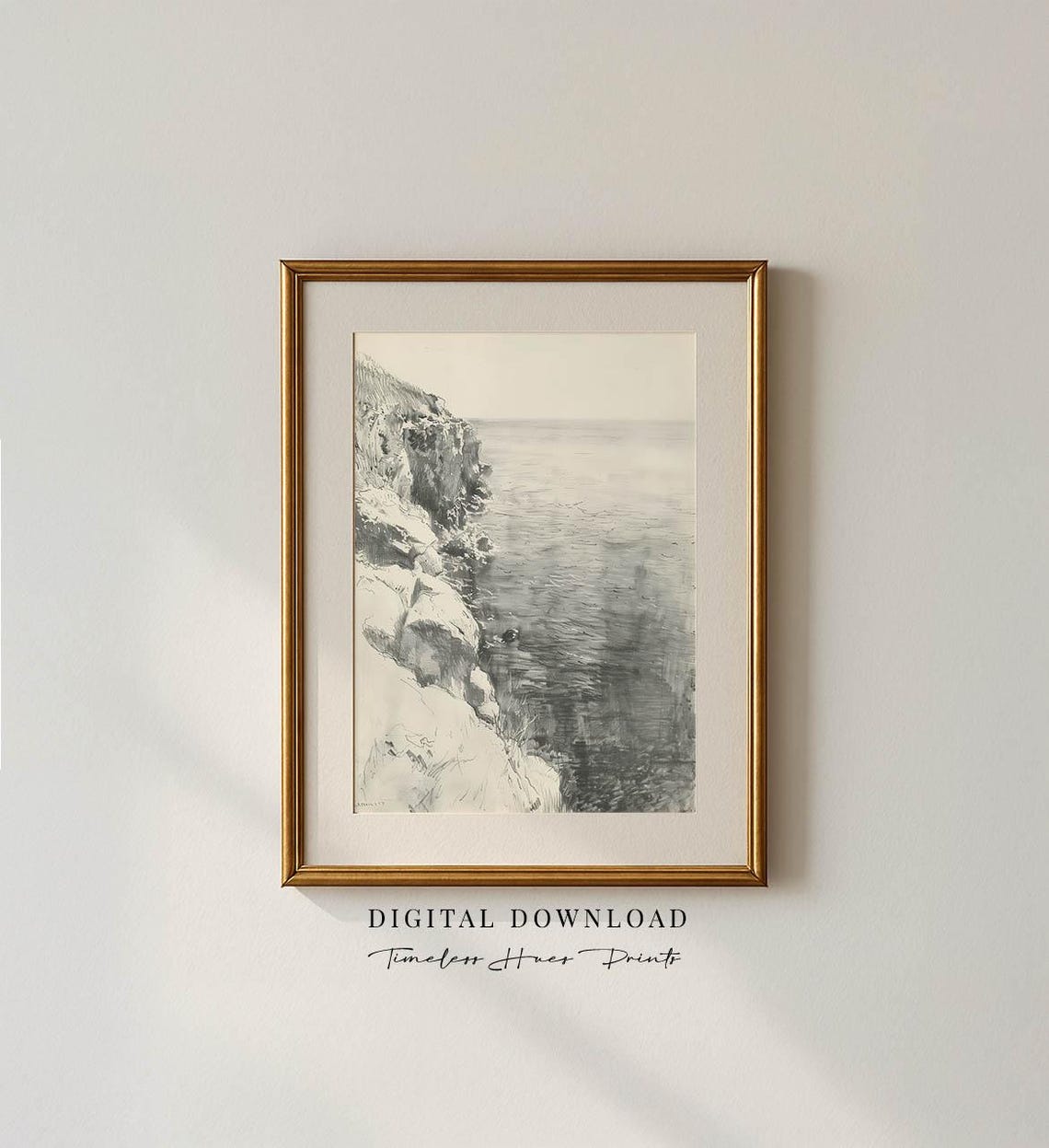 Vintage Coastal Cliff Charcoal Drawing Ocean Sketch Art Poster