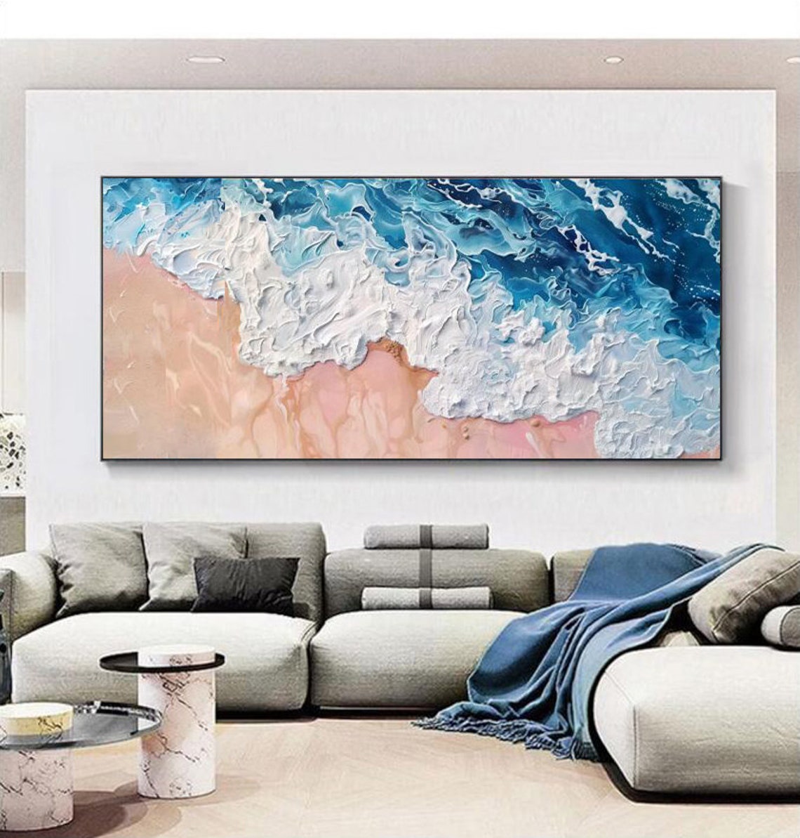 Thick Foamy White Waves Over Soft Blush Pink Sand Beach Poster - Image 3