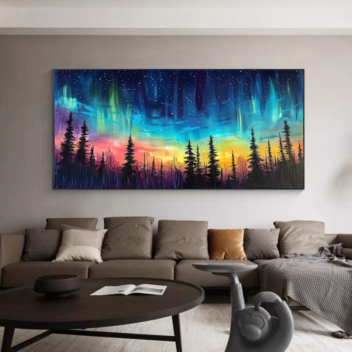 Northern Lights Over Pine Forest Starry Night Sky Painting Poster - Image 4