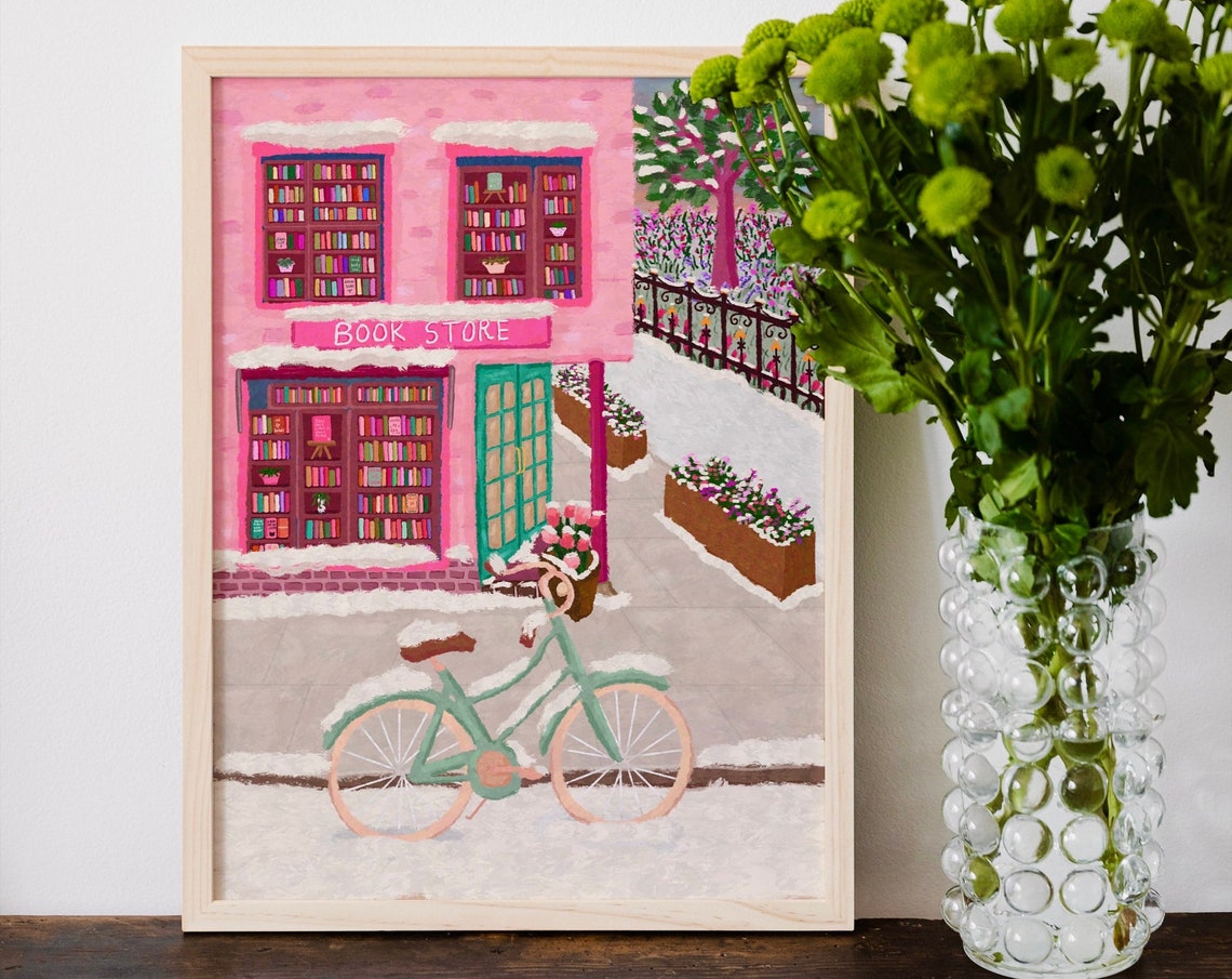 Snowy Book Shop Christmas Poster, Bookworm Gift