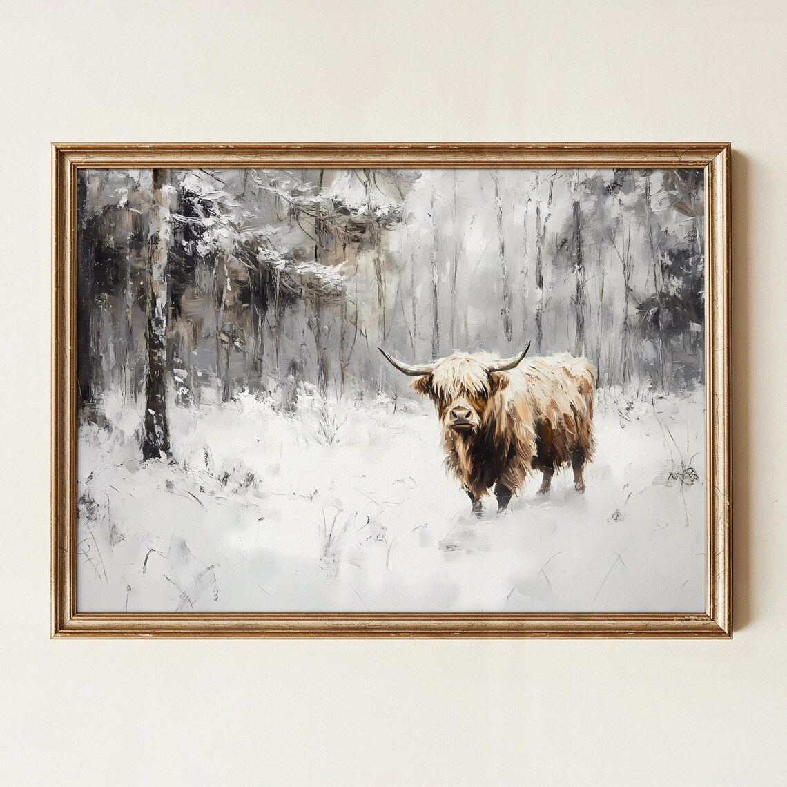 Highland Cow Snowy Birch Forest Oil Painting Winter Scene Poster