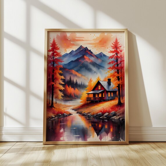 Red Cabin Creek Fall Colors Watercolor Mountain Landscape Art Poster